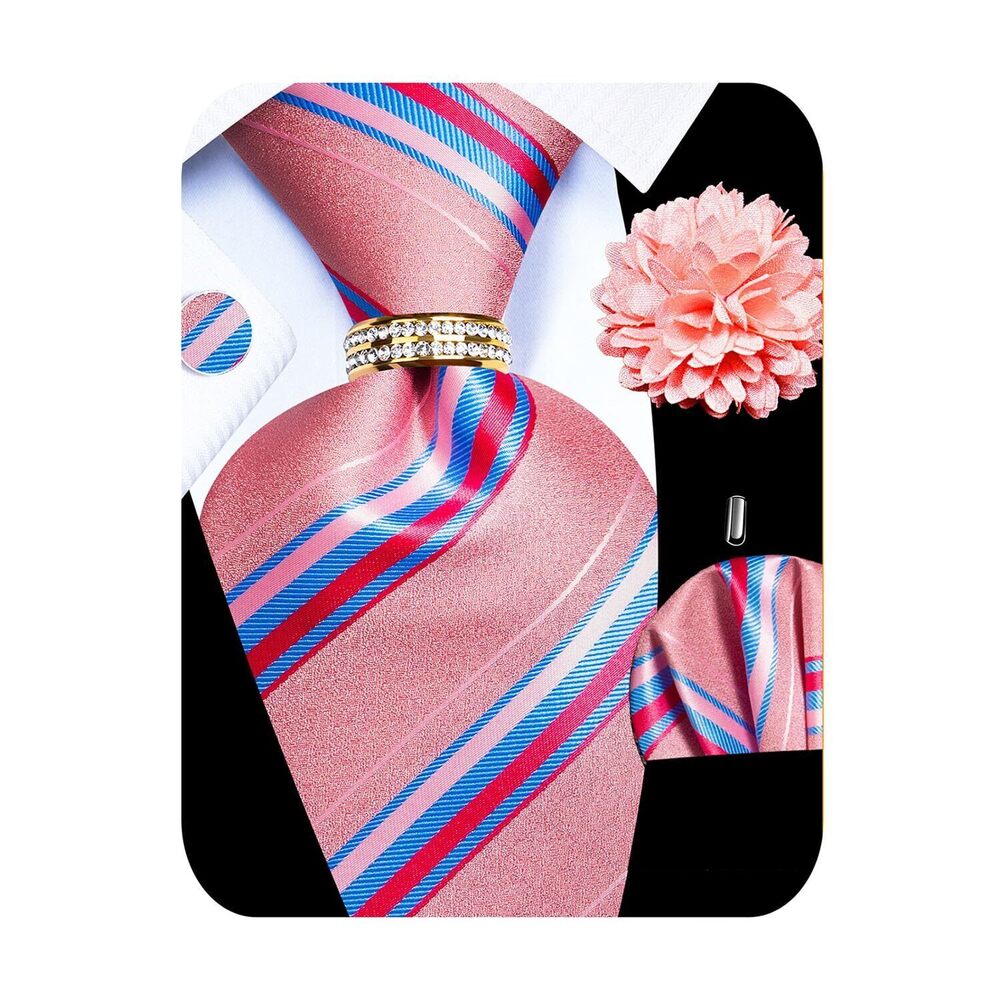 6897 5PCS Silk Pink Striped Tie, Pocket Square, Cufflinks, Drilled Tie Ring